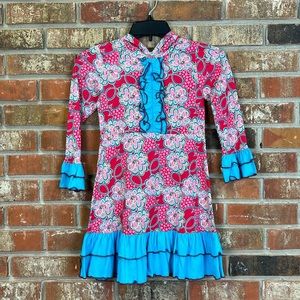 Flit & Flitter Red Blue Floral Ruffle Hooded Dress Girls 6 NWT